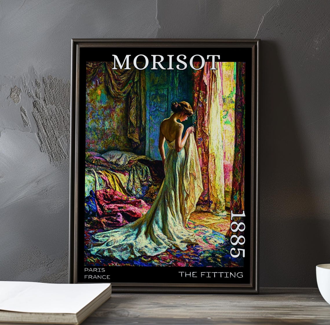 Morisot 1885 The Fitting Woman White Gown Colorful Drapery Poster