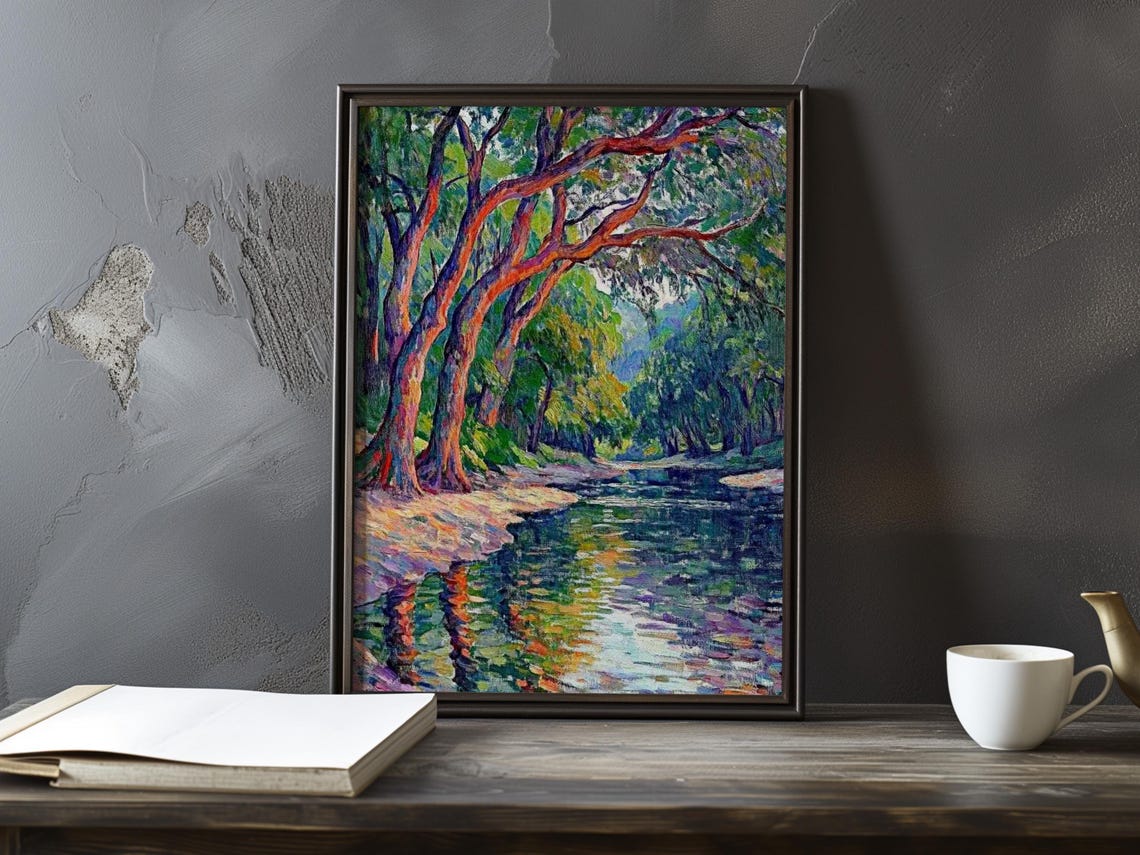 Riverbank with Leaning Red Trees Impressionist Watercolor Poster