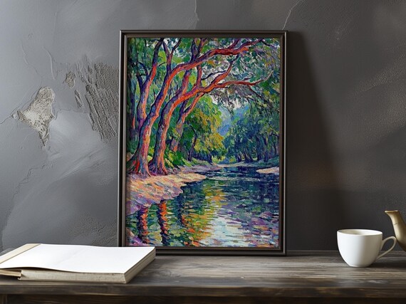 Riverbank with Leaning Red Trees Impressionist Watercolor Poster