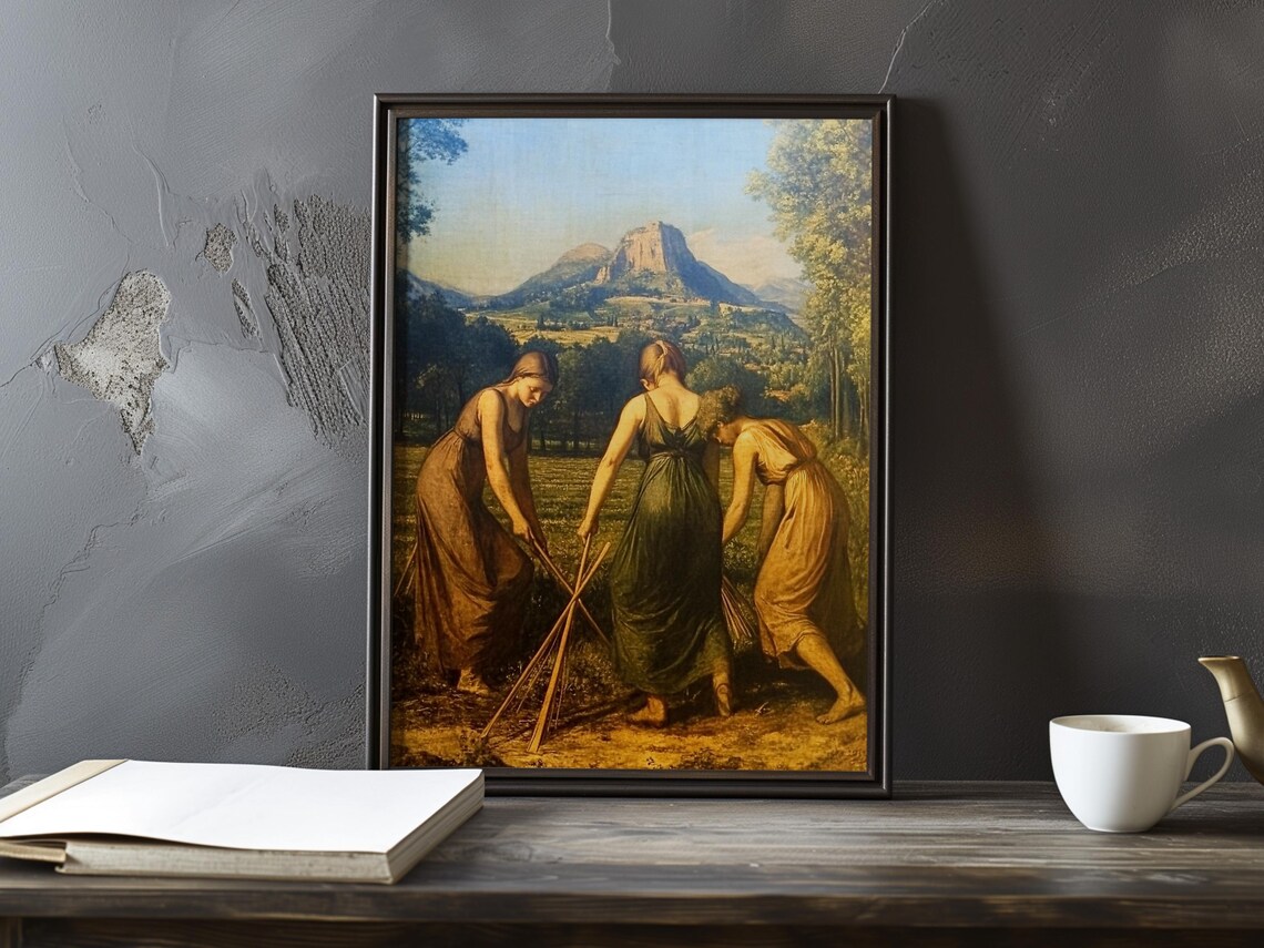 Three Women Gathering Sticks In A Golden Field Near The Hills Poster