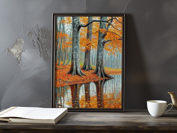 Orange Autumn Trees Mirrored in Still Water Impressionist Poster