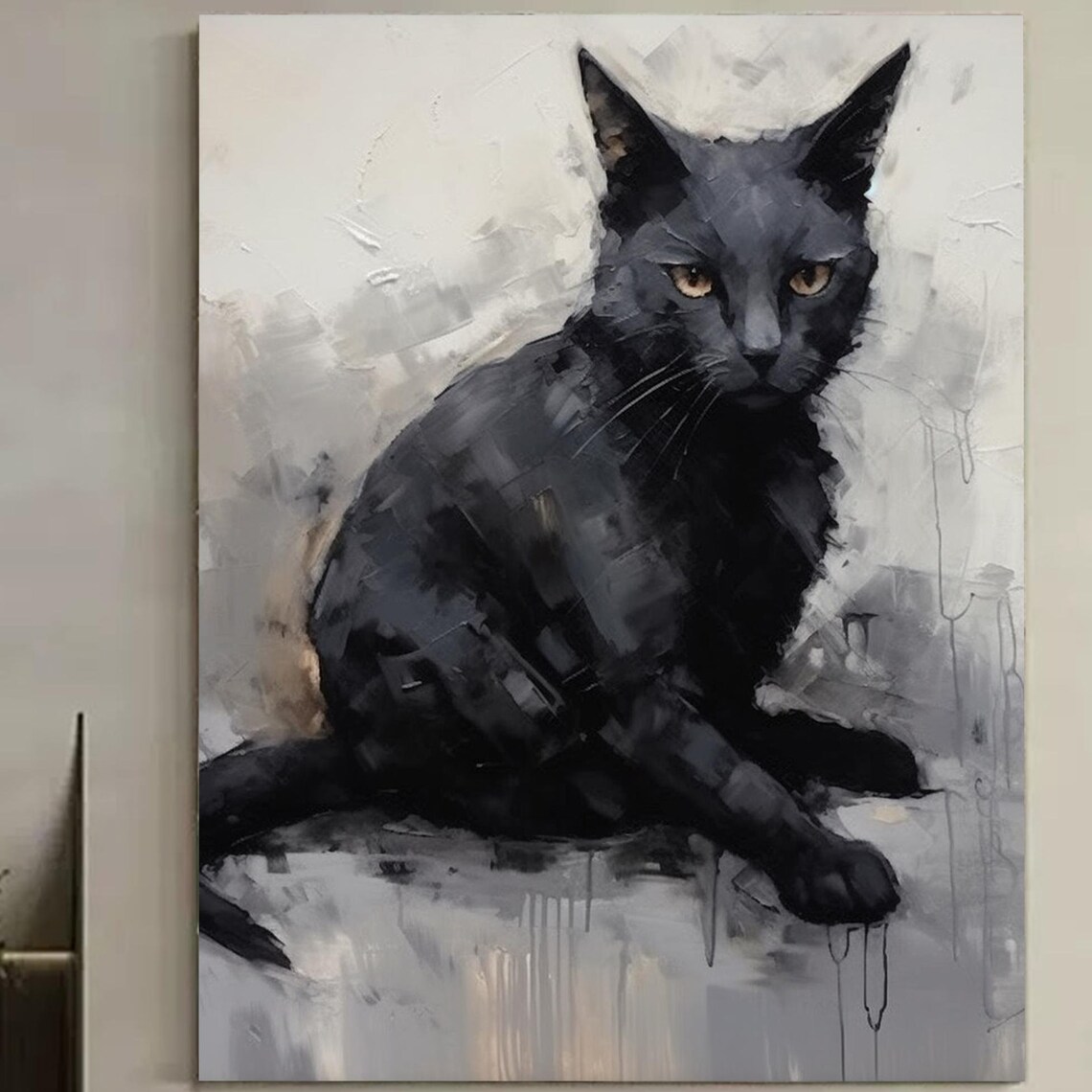 Black Cat Amber Eyes Sitting Full Body Oil Painting Pet Portrait Poster - Image 3