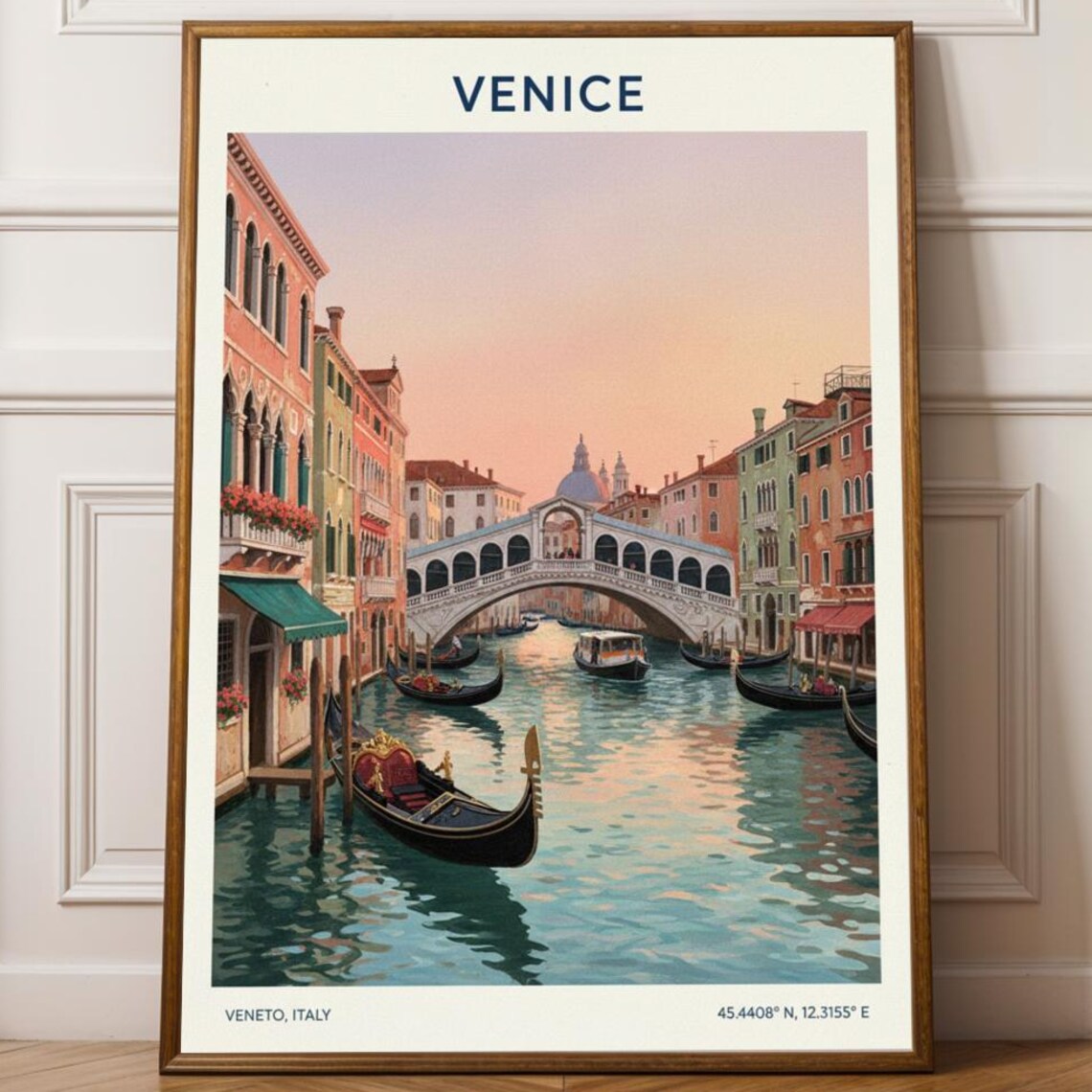 Venice Rialto Bridge Pink Sunset Gondolas Venetian Travel Poster