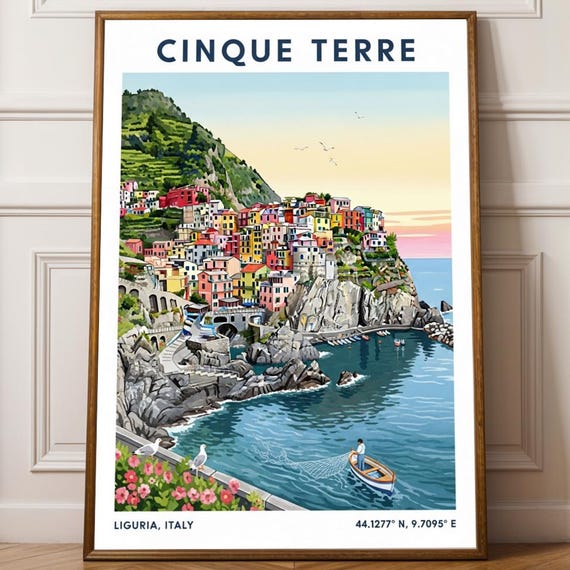 Cinque Terre Coast Art Print Blue And Green Yellow Illustration Italian Coastal Decor Travel Enthusiast Poster Living Room