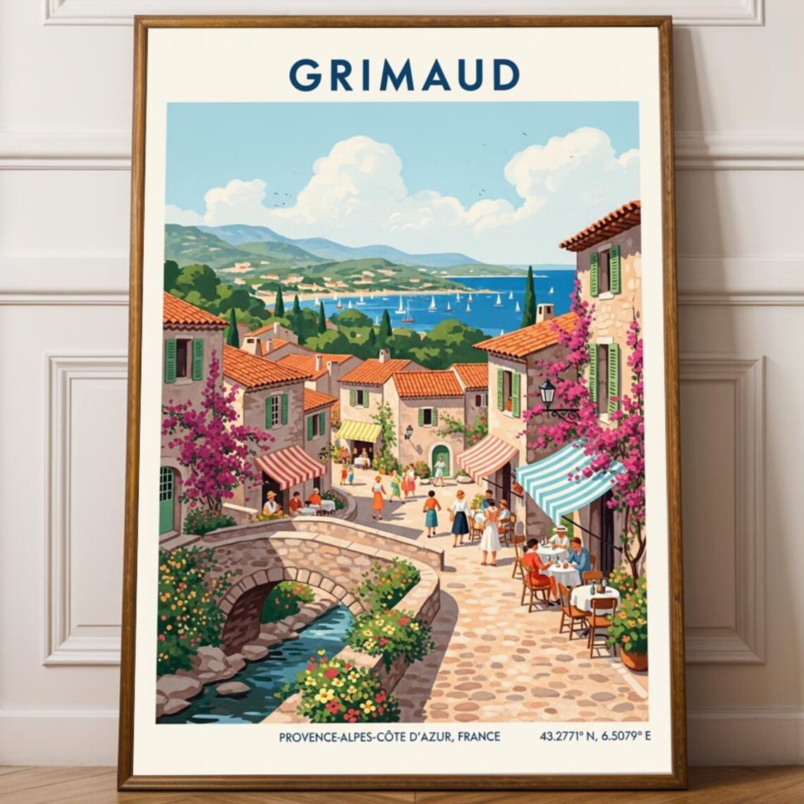 Grimaud France Vintage Travel Poster Village Bridge Seaside Scene Art