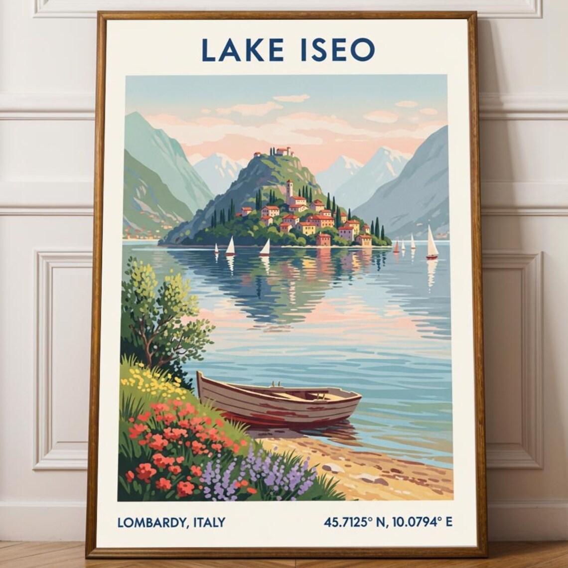 Lake Iseo Vintage Travel Poster Lombardy Italy Scenic Illustration