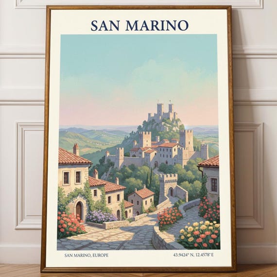 San Marino Village Poster Blue And Green Contemporary Art European Travel Illustration Orange Pink Wall Decor