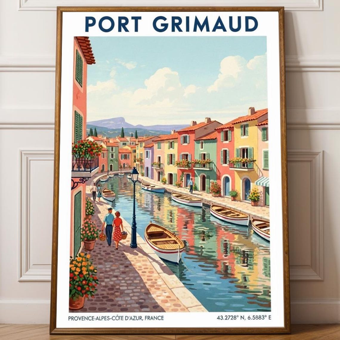 Port Grimaud Canal Poster Pastel And Pink Blue Green Yellow Art Print Vintage French Travel Decor Living Room Office Wall