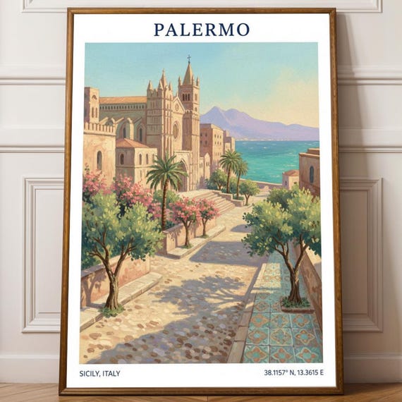 Palermo Street Scene Poster Beige And Teal Italian Cityscape Mediterranean Art Print Sicily Landscape For Lovers Vintage Travel
