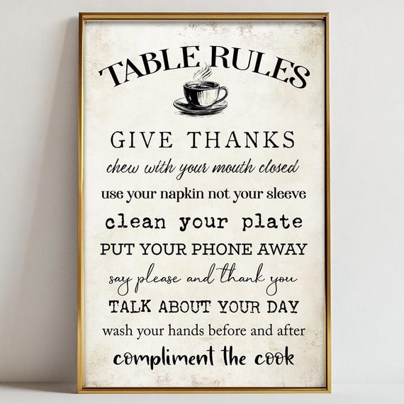 Table Rules Wall Art Inspirational Dining Kitchen Instant Neutral Decor Black Antiquestyle Background Multiple Sizes