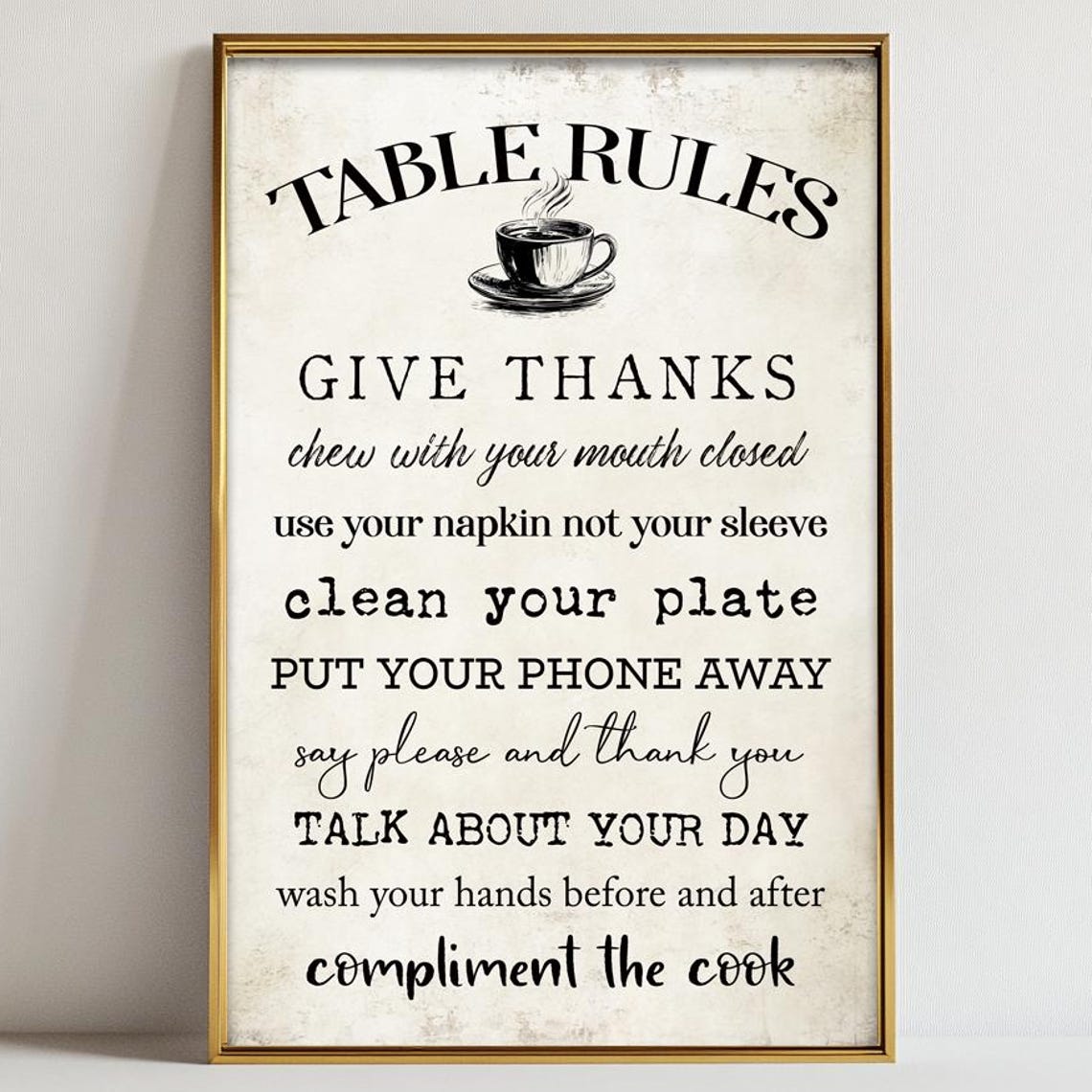 Table Rules Wall Art Inspirational Dining Kitchen Instant Neutral Decor Black Antiquestyle Background Multiple Sizes