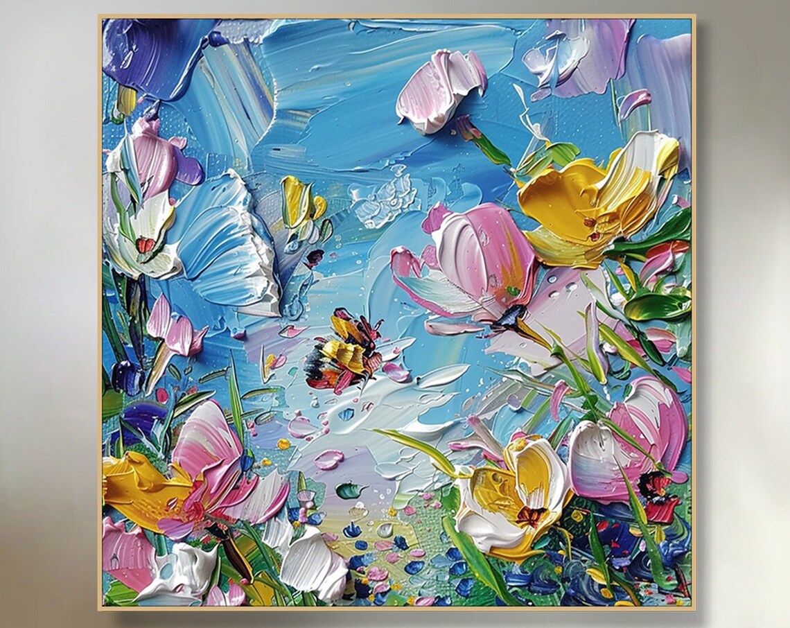 Colorful Blossom Butterfly Garden Impasto Oil Painting Floral Poster