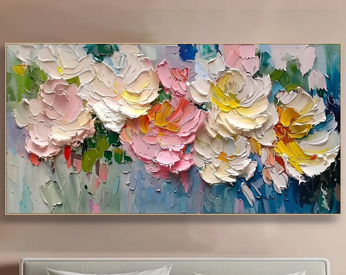 Pastel Peony Blossoms Pink White Yellow Soft Impasto Floral Poster