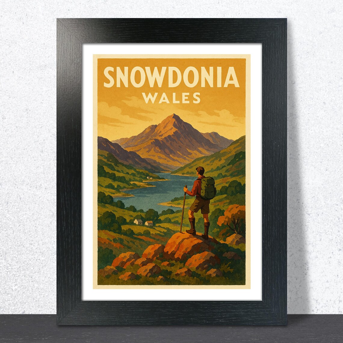Snowdonia Wales Vintage Travel Poster Backpack Hiker Summit View