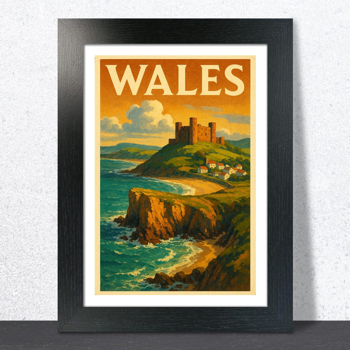 Wales Vintage Travel Poster Coastal Castle Cliff Sunset Scene