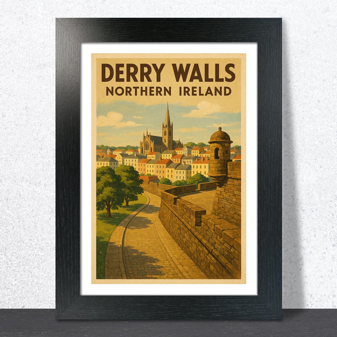 Derry Walls Northern Ireland Retro Sepia Old City Skyline Poster