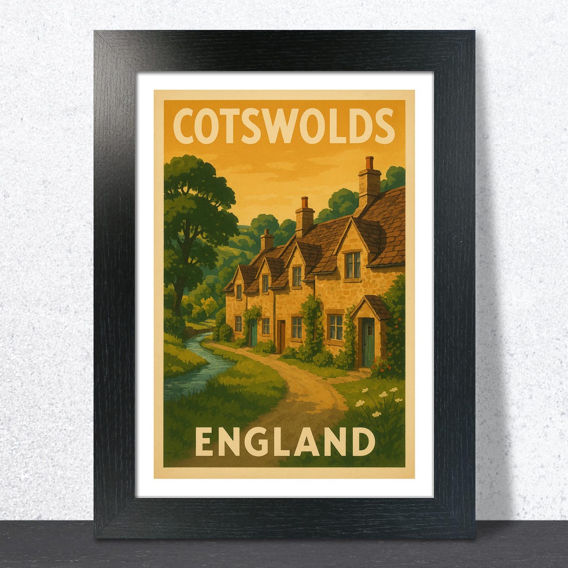 Cotswolds England Vintage Hillside Stone Cottages Travel Poster
