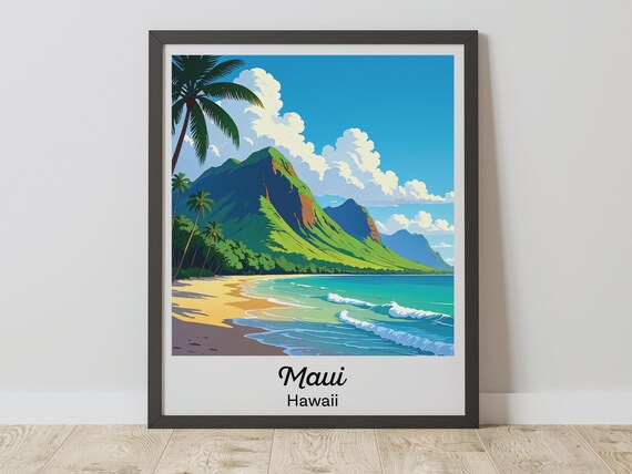 Maui Hawaii Tropical Beach Palm Mountain Waves Vintage Travel Poster
