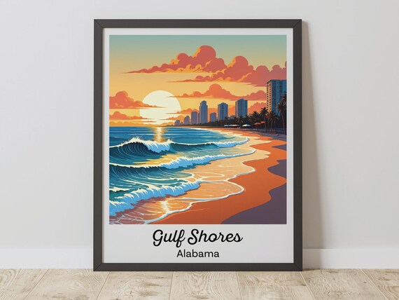 Gulf Shores Alabama Sunset Beach Waves Skyline Travel Poster