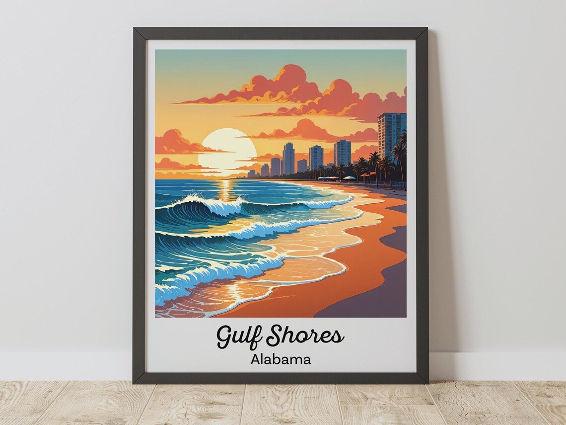 Gulf Shores Alabama Sunset Beach Waves Skyline Travel Poster