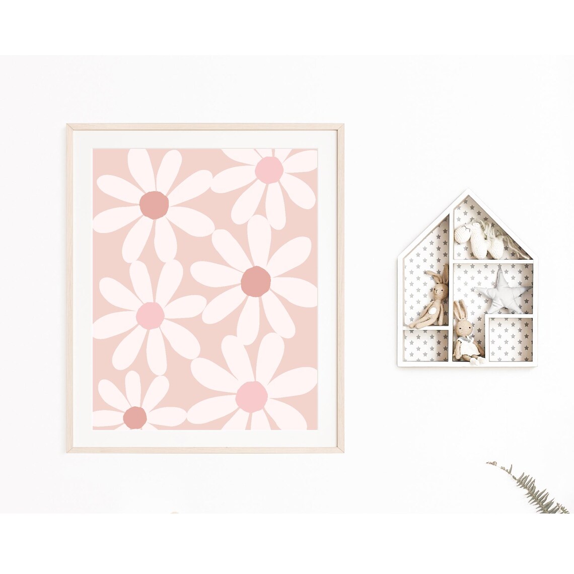 White Daisy Pattern Blush Pink Floral Nursery Girls Room Wall Art - Image 2