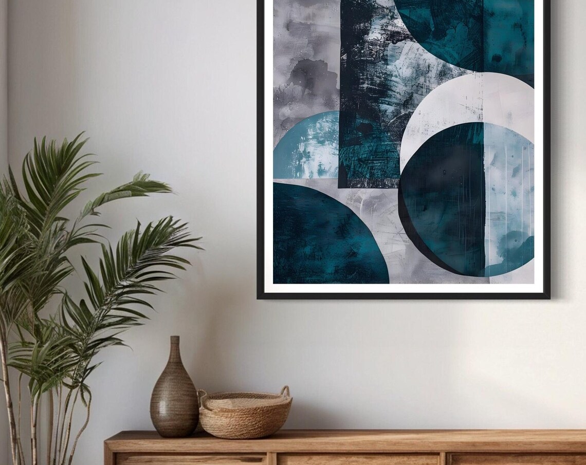 Teal Blue Geometric Circles Mid Century Modern Abstract Wall Art Print - Image 3