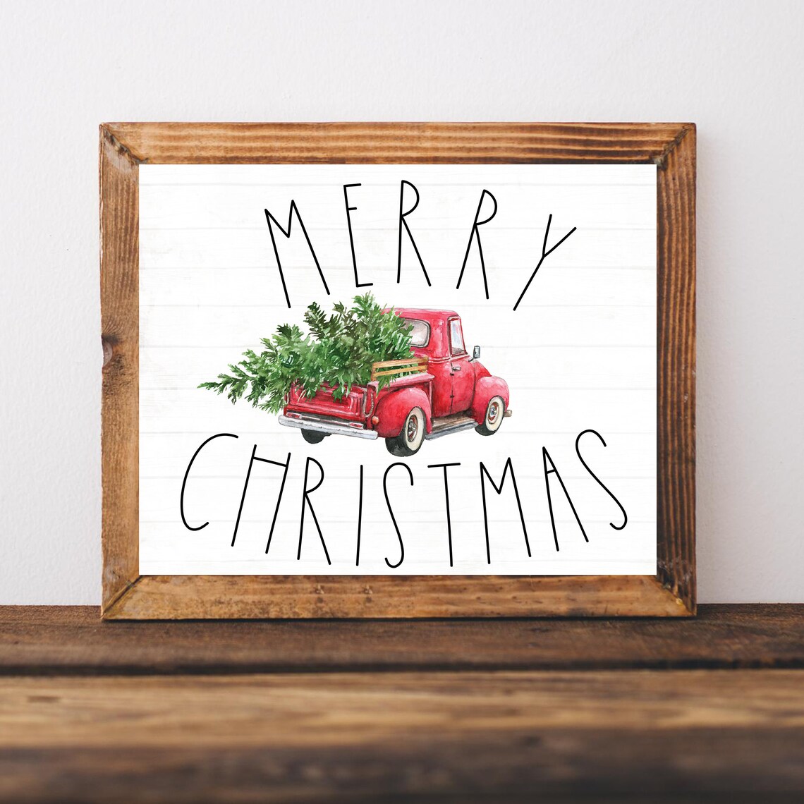 Merry Christmas Red Truck Farmhouse Art Print