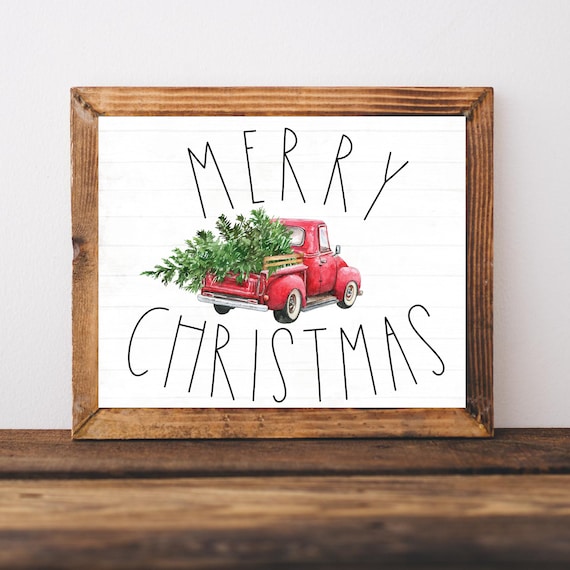 Merry Christmas Red Truck Farmhouse Art Print