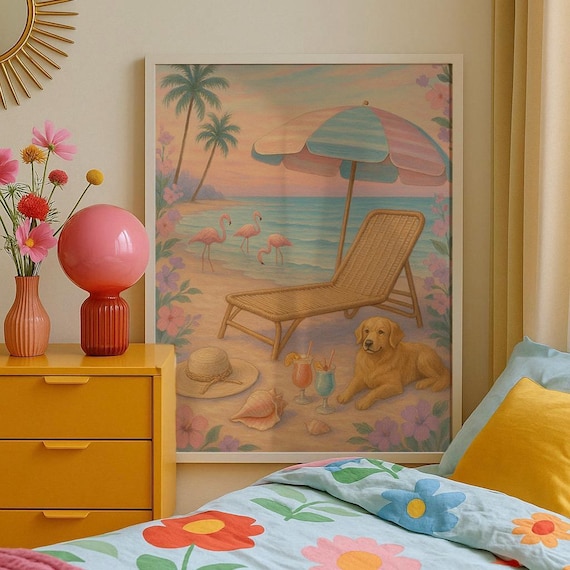 Pastel Beach Scene Golden Retriever Flamingos Summer Vintage Poster