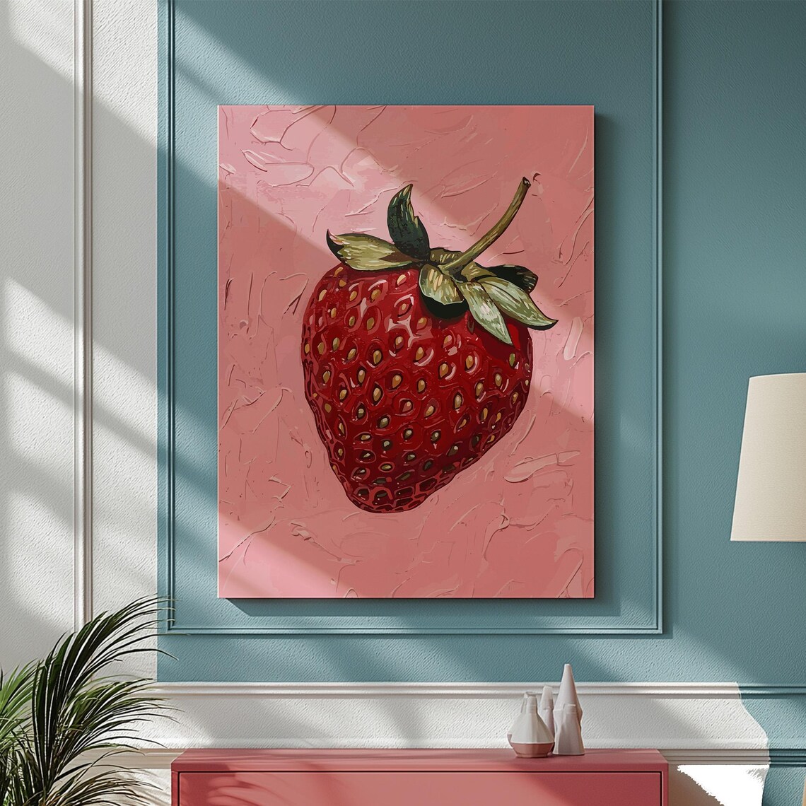 Giant Red Strawberry Pink Retro Fruit Oil Painting Art Poster