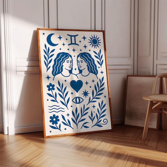 Gemini Zodiac Art Print Blue White Folk Astrology Poster