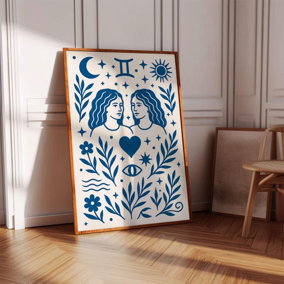 Gemini Zodiac Sign Blue Folk Art Twins Celestial Dreams Poster