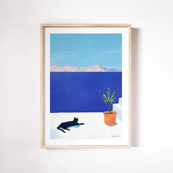 Henry Rivers Black Cat, Greek Villa Travel Poster