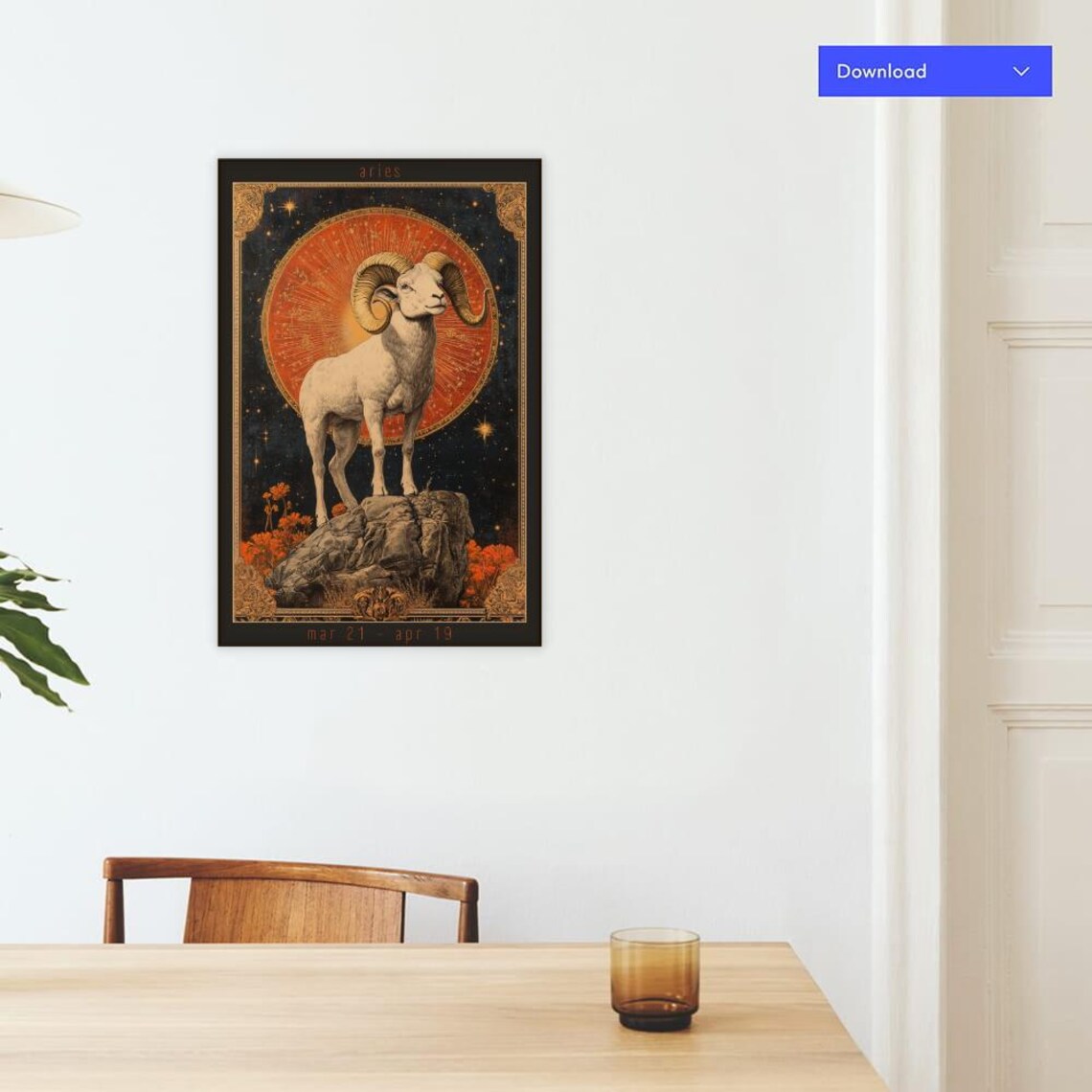 Aries Zodiac Ram Standing Before a Fiery Red Sun Celestial Poster - Image 4