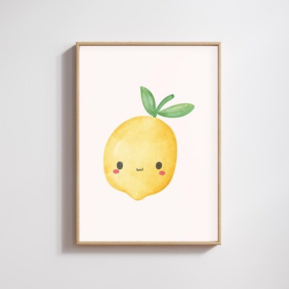 Cute Kawaii Lemon Wall Art Print Smiling Fruit Poster For Kitchen Kids Room Nursery Or Dorm Decor Cheerful Illustration Gift