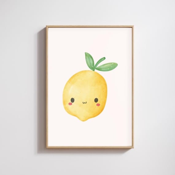 Happy Lemon Watercolor Kawaii Fruit Face Kids Nursery Wall Poster