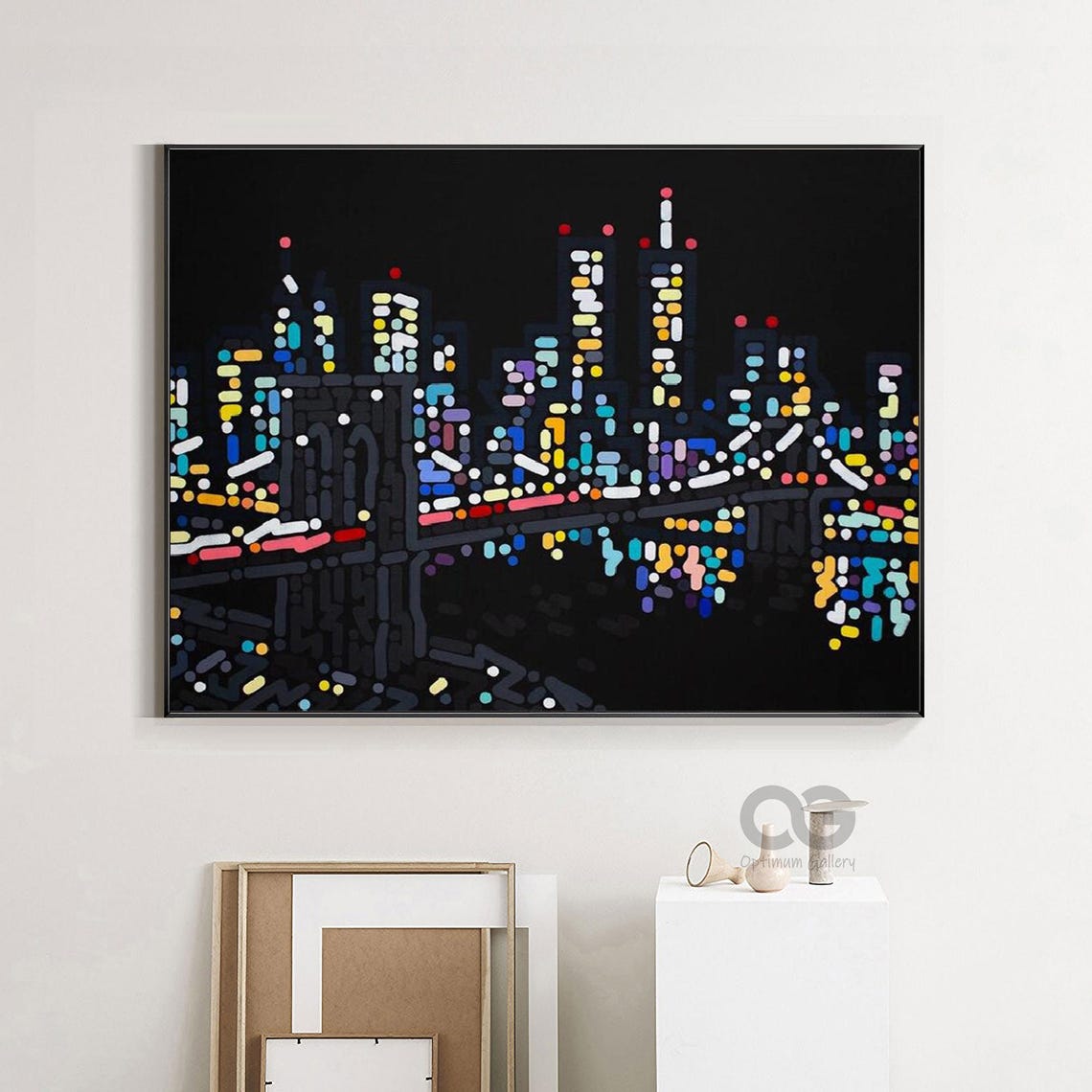 New York City Night Skyline Bridge Lights Pointillist Cityscape Poster - Image 4