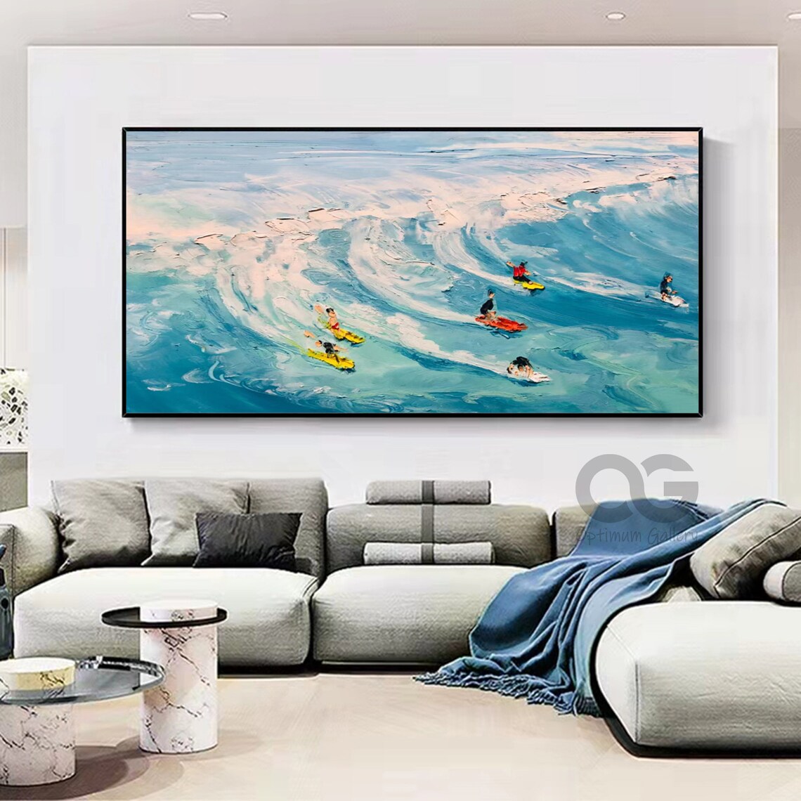 Surfers Riding Big Blue Waves Impasto Ocean Surf Sport Scene Poster - Image 3