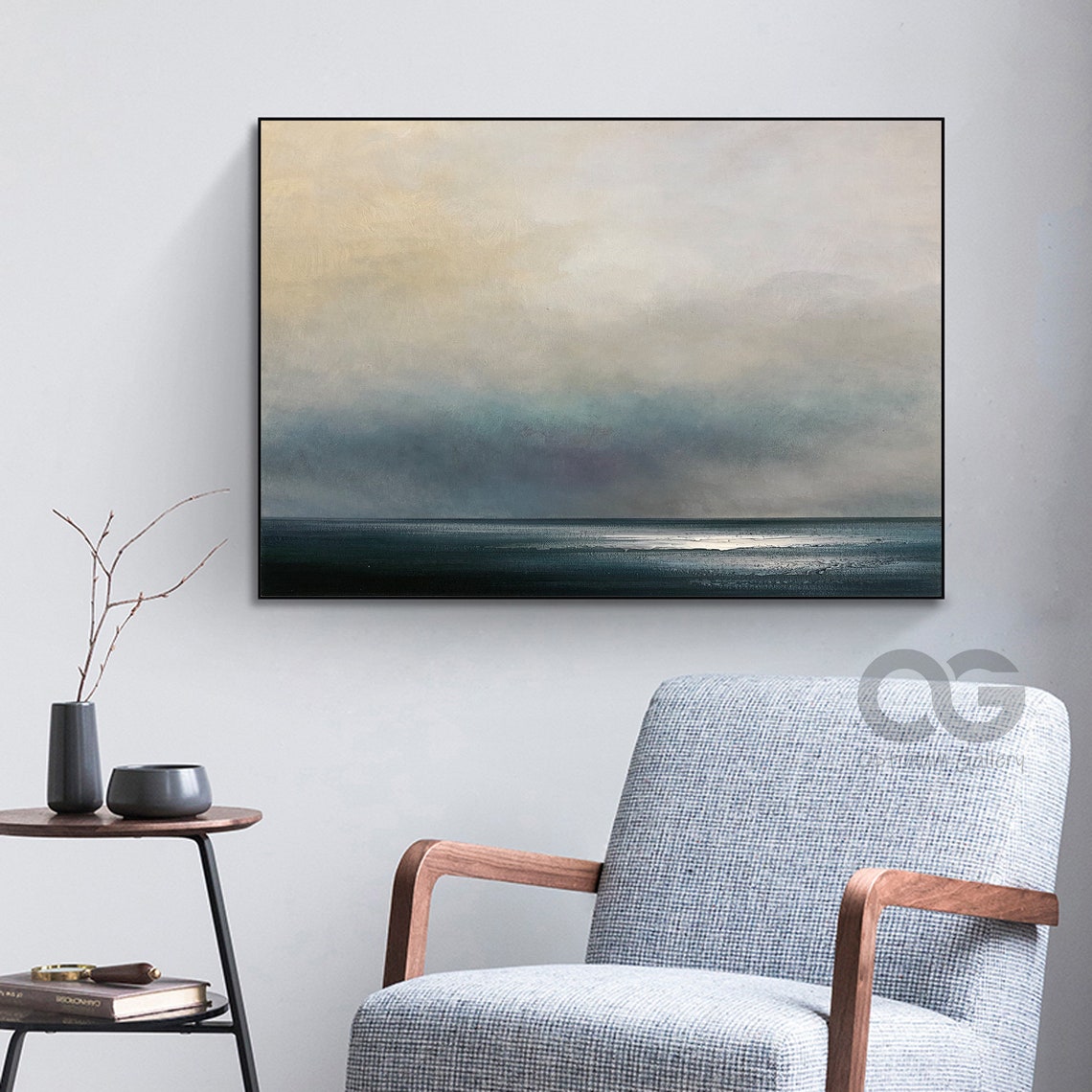 Minimalist Abstract Seascape Pale Sky Dark Blue Ocean Square Wall Art - Image 2