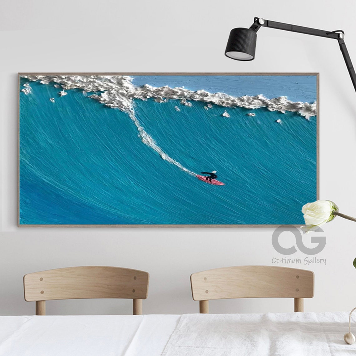 Lone Surfer Red Board Giant Turquoise Wave Blue Ocean Surfing Poster - Image 2