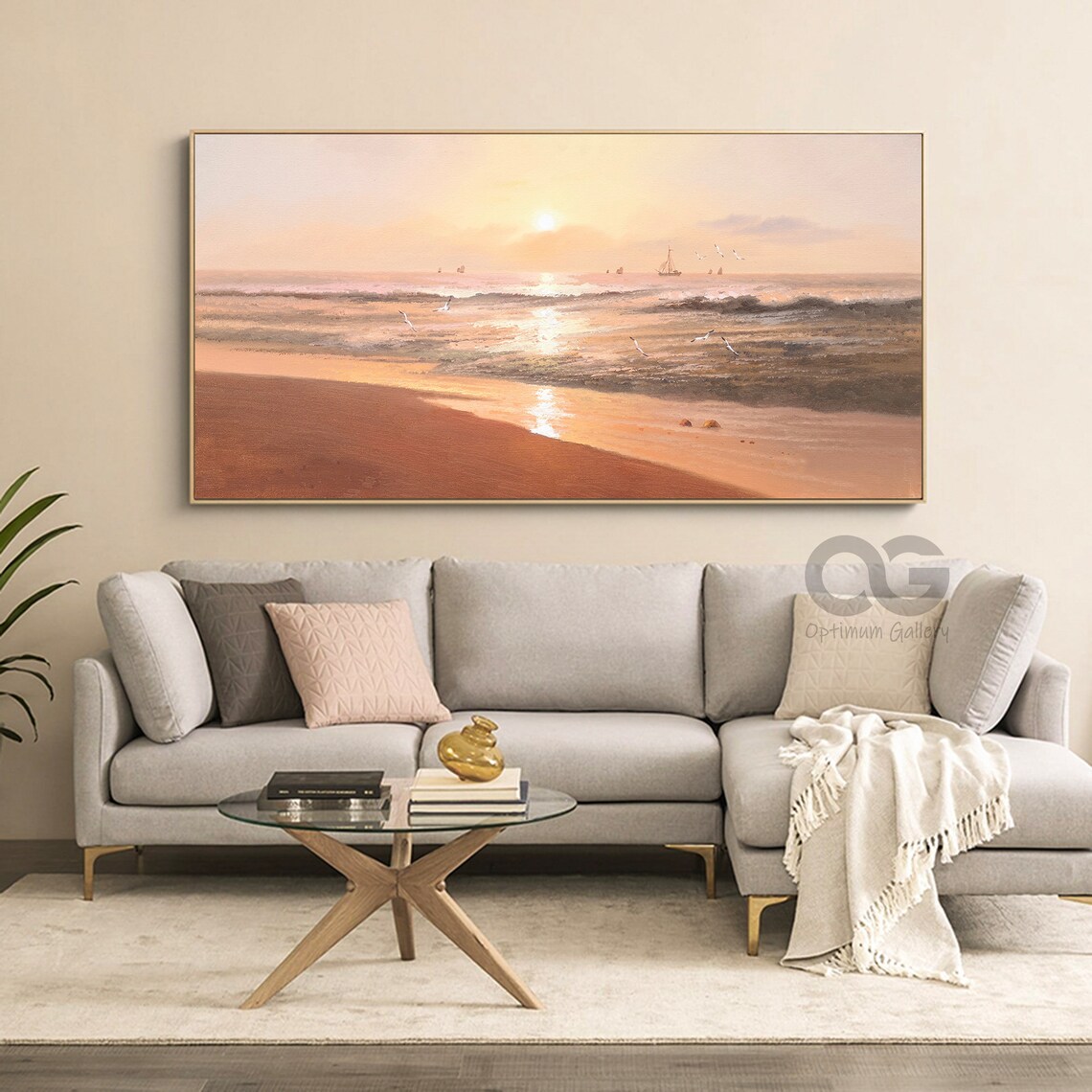 Sunset Beach Painting Golden Sun Seagulls Ships Panoramic Ocean Wall Art Poster - Image 5