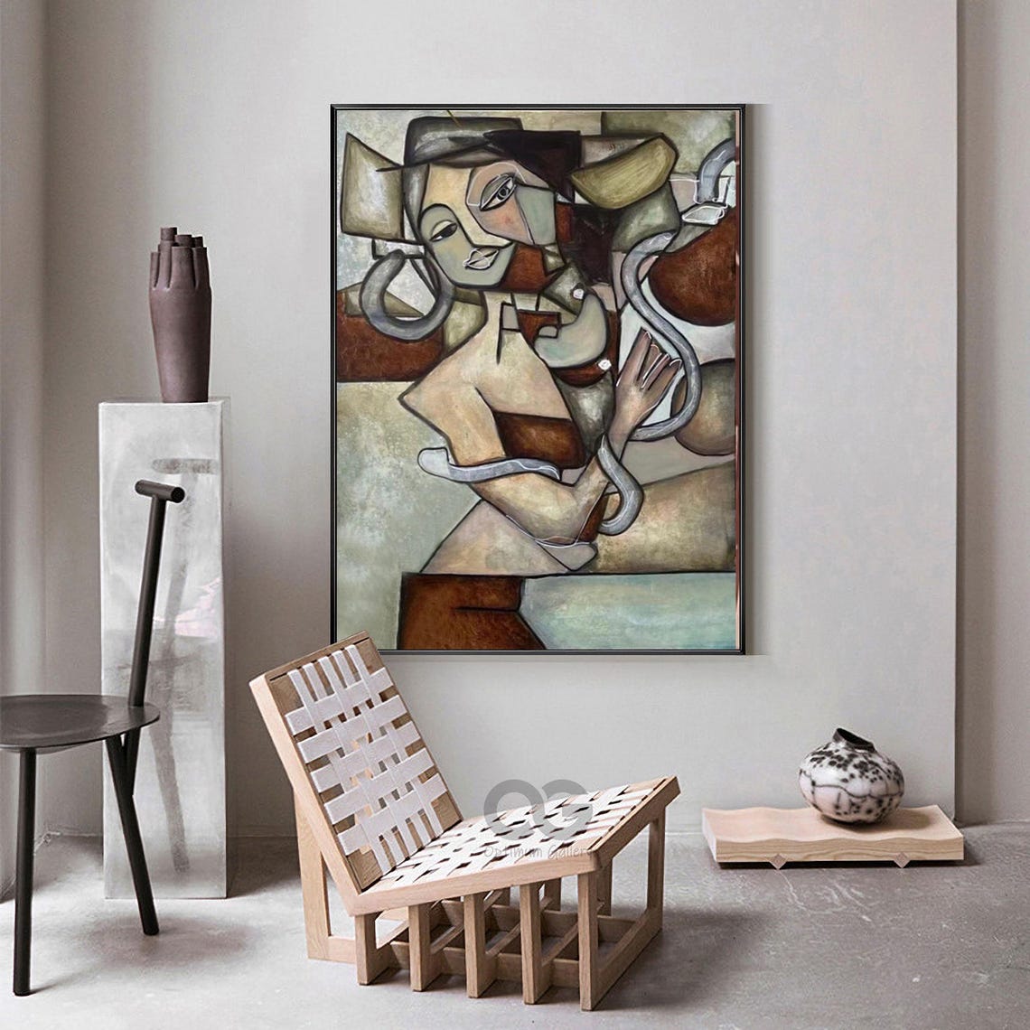 Large Abstract Lady Painting Brown And Green Woman Painting Woman Face Artwork Picasso Style Portrait Painting Figurative Art Wall Decor - Image 3