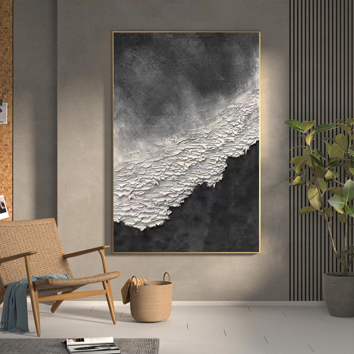 Black White Abstract Wave Grey Smoky Thick Foam Diagonal Art Poster - Image 3