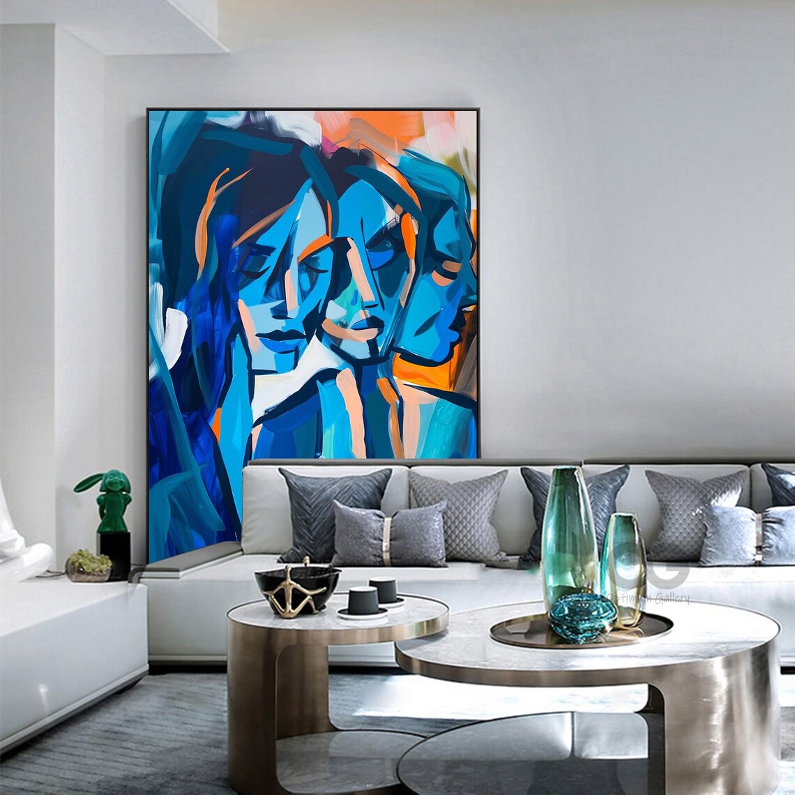 Cobalt Blue Triple Faces Abstract Expressionist Woman Group Painting Poster - Image 2