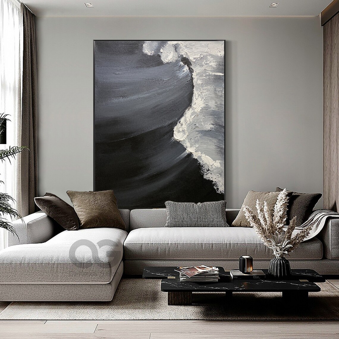Black And White Ocean Wave Abstract Minimalist Painting Modern Art Poster - Image 3