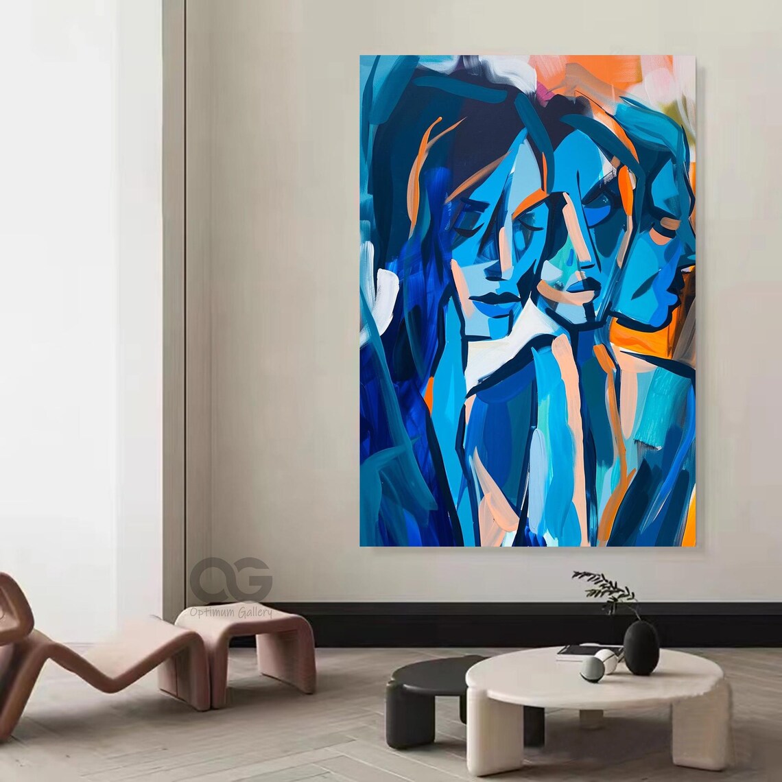 Cobalt Blue Triple Faces Abstract Expressionist Woman Group Painting Poster - Image 5