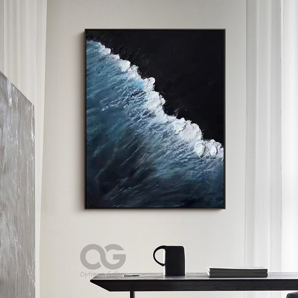 Dark Blue Aerial Wave White Foam Diagonal Black Beach Art Poster - Image 3