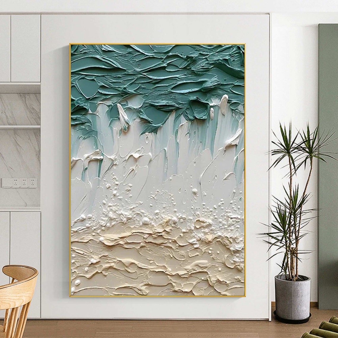 Teal White Sand 3D Textured Beach Vertical Ocean Wave Painting Poster