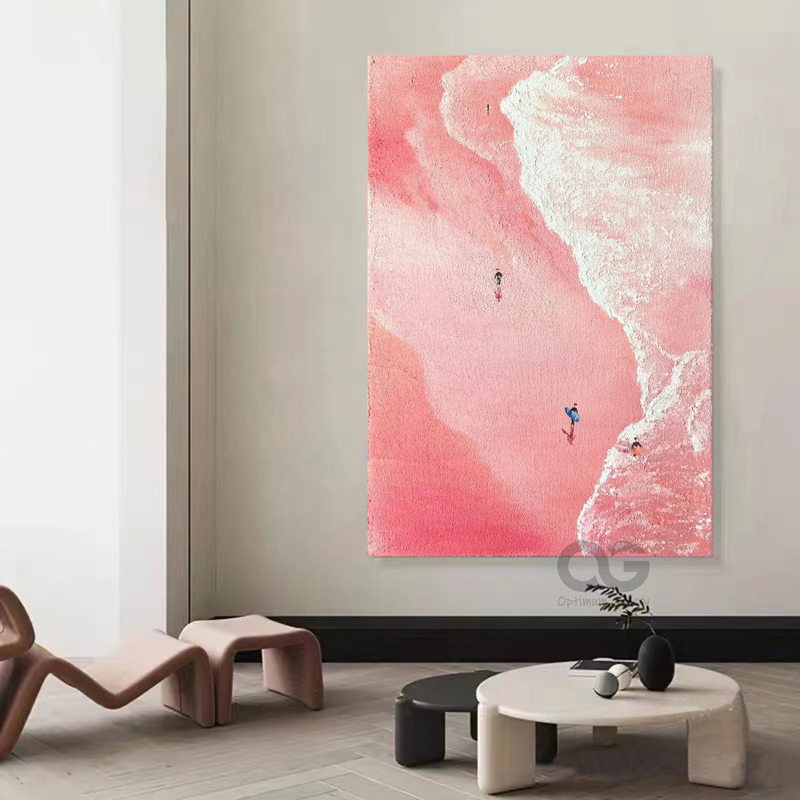 Pink Sand Beach White Foam Wave Tiny Surfers Vertical Art Poster - Image 4