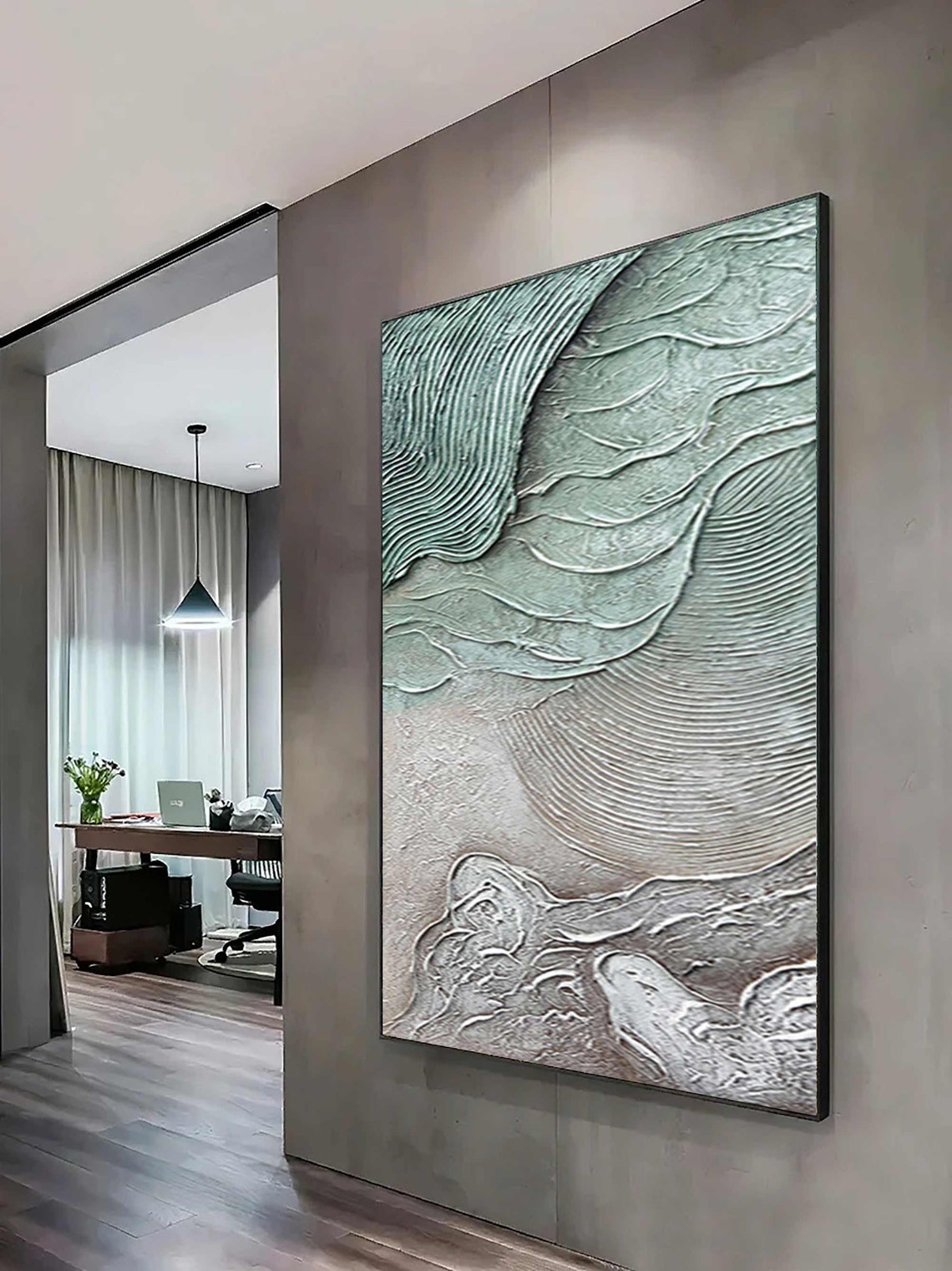 Turquoise Wave Beige Shore Textured Abstract Ocean Relief Art Poster - Image 2